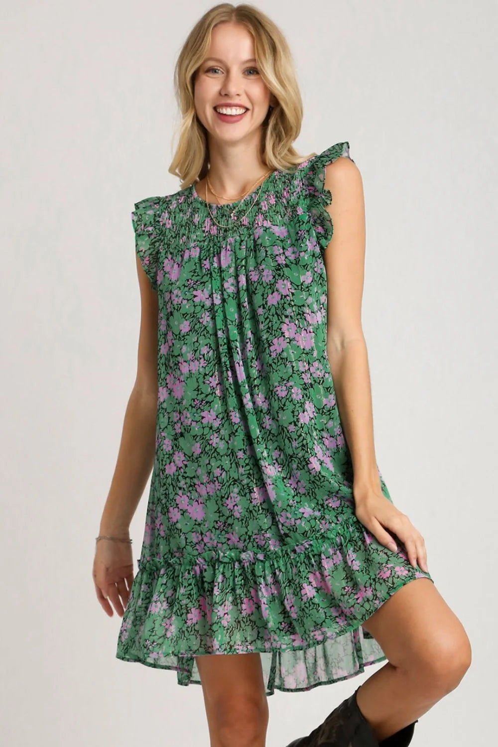 Umgee Full Size Smocked Detail Floral Metallic Ruffle Cap Sleeve Dress plus Size